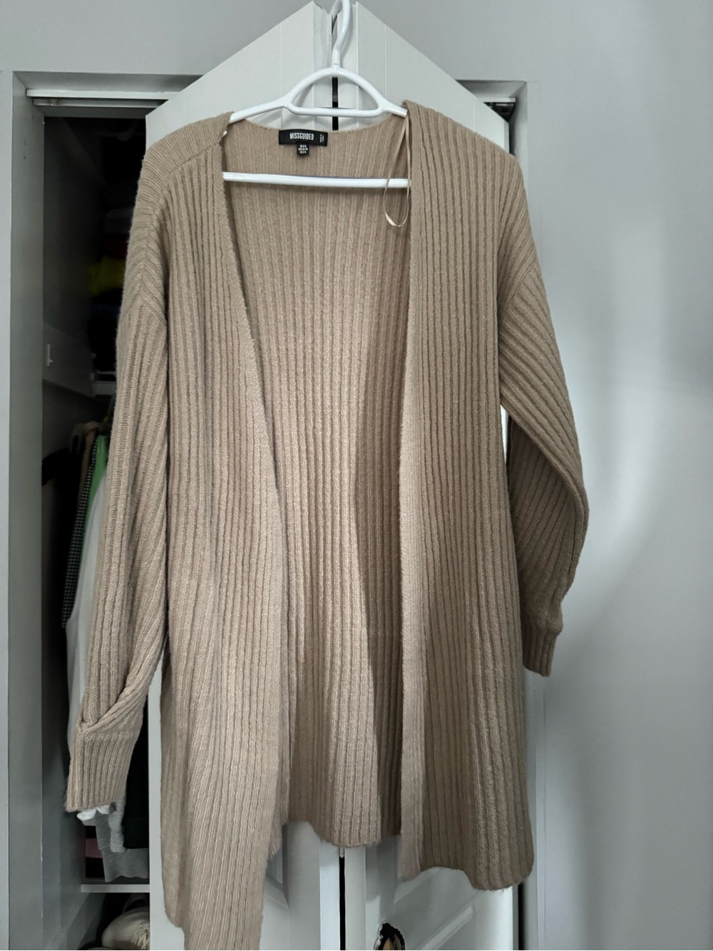 Missguided Ribbed Open-Front Long Cardigan Sweater - Beige